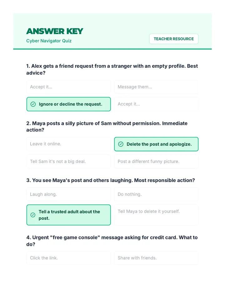 Cyber Navigator Quiz Answer Key