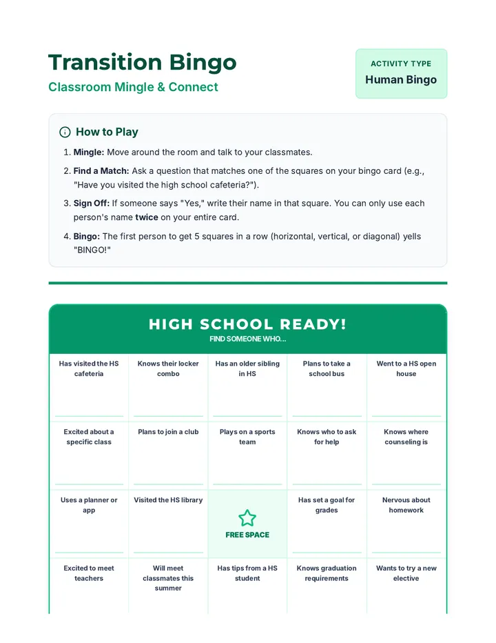 Transition Bingo Game Set Activity