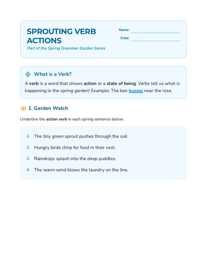 Sprouting Verb Actions Worksheet