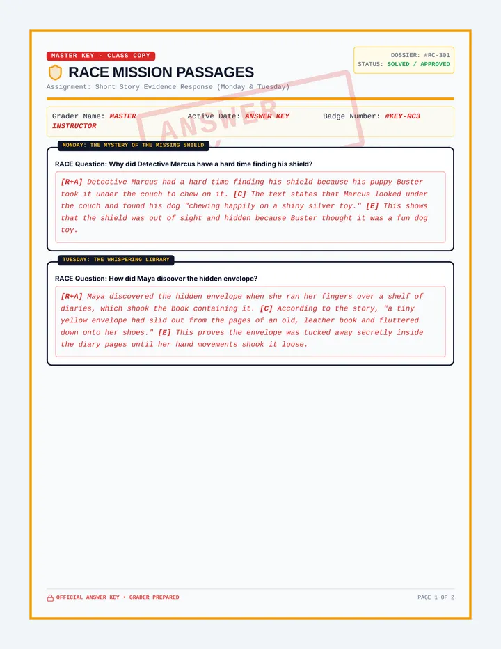 RACE Reading Answer Key