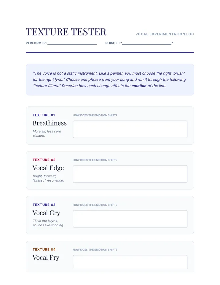 Texture Tester Worksheet Log
