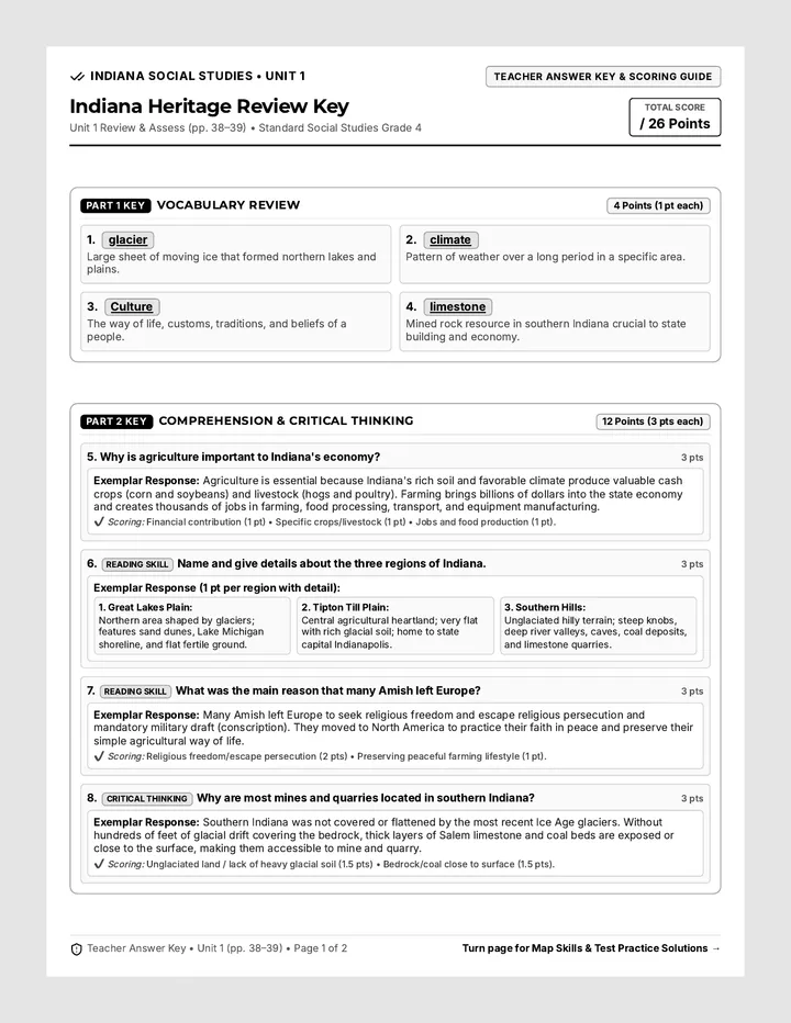 Indiana Heritage Answer Key