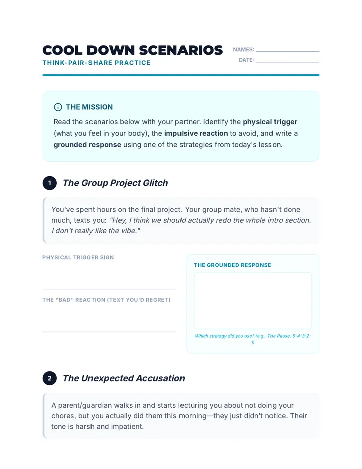 Cool Down Scenarios Worksheet