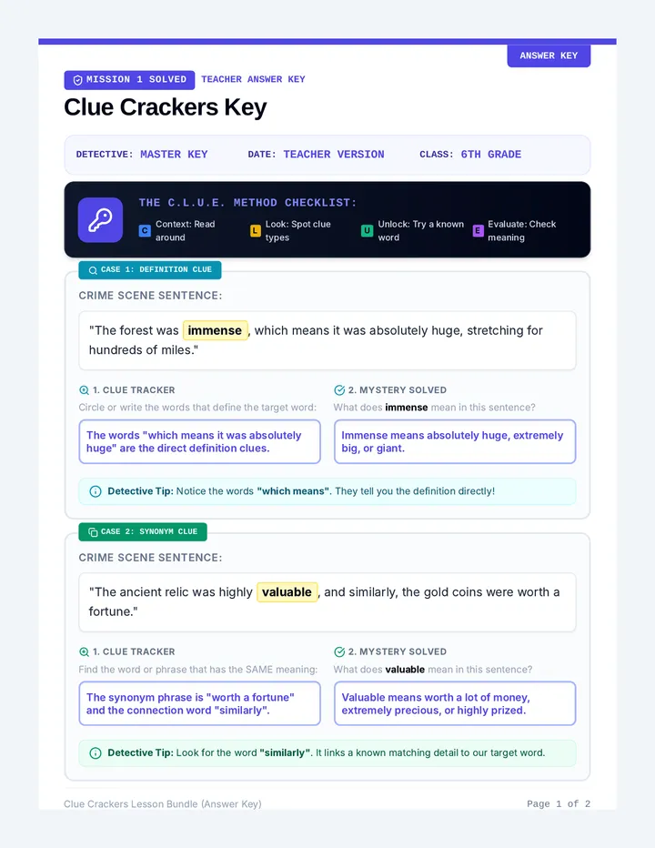 Clue Crackers Guided Practice Key