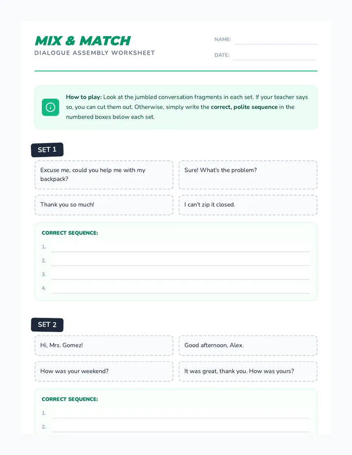 Mix & Match Dialogue Cards Worksheet