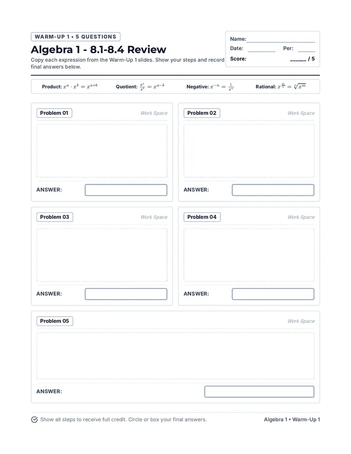 Algebra Review Work Template