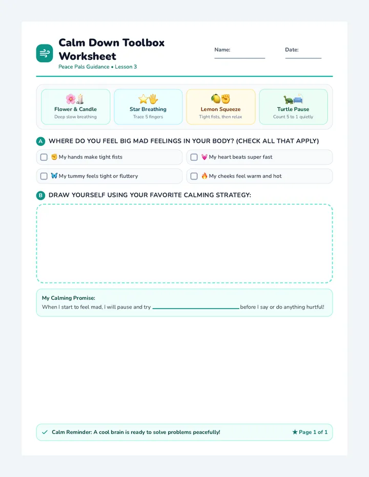 Calm Down Toolbox Worksheet