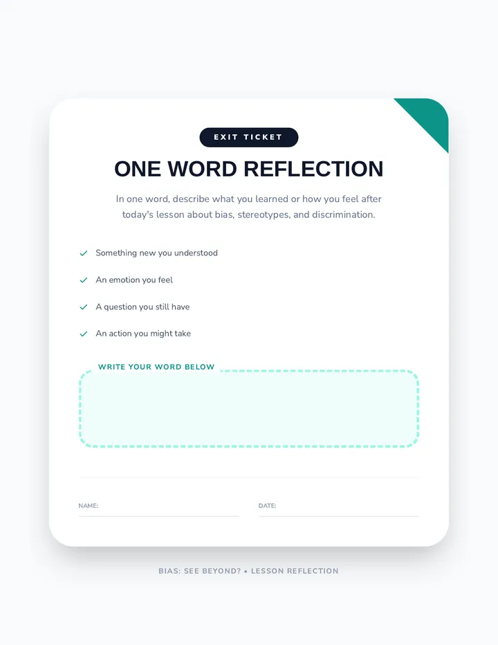 One Word Reflection Exit Ticket
