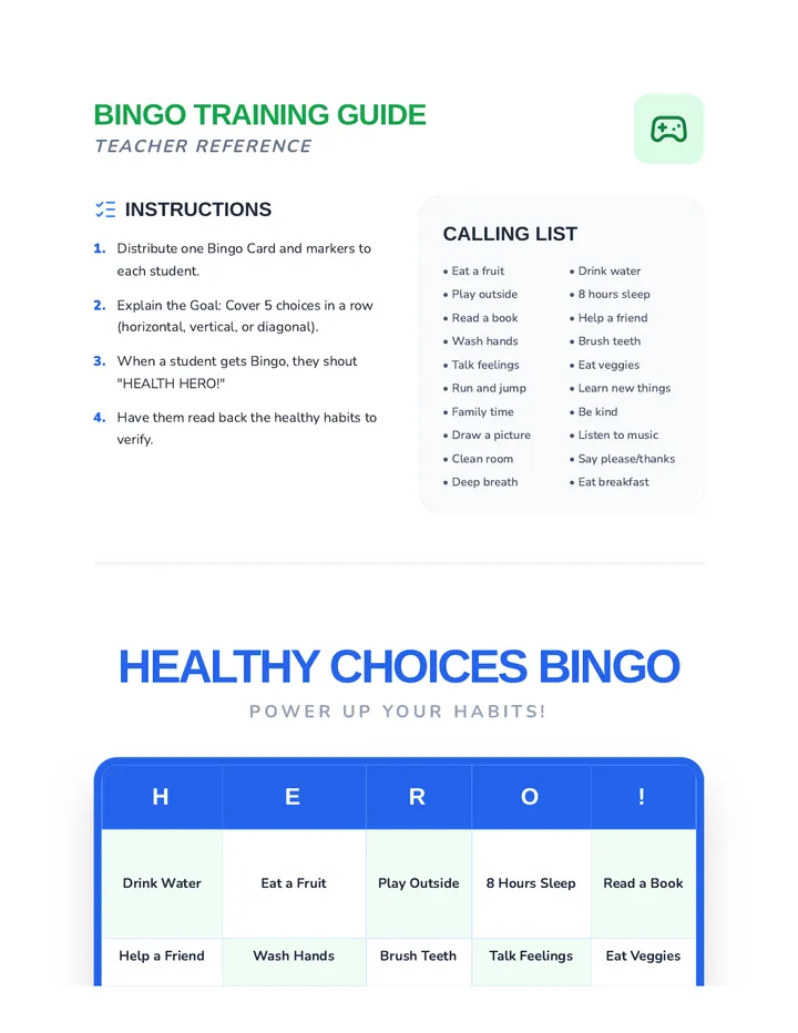 Healthy Choices Bingo Game