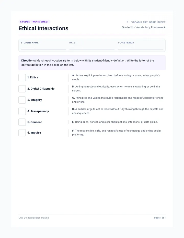 Ethical Vocabulary Worksheet