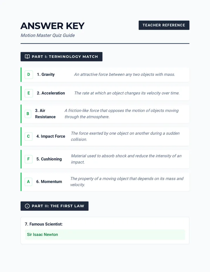 Motion Quiz Answer Key