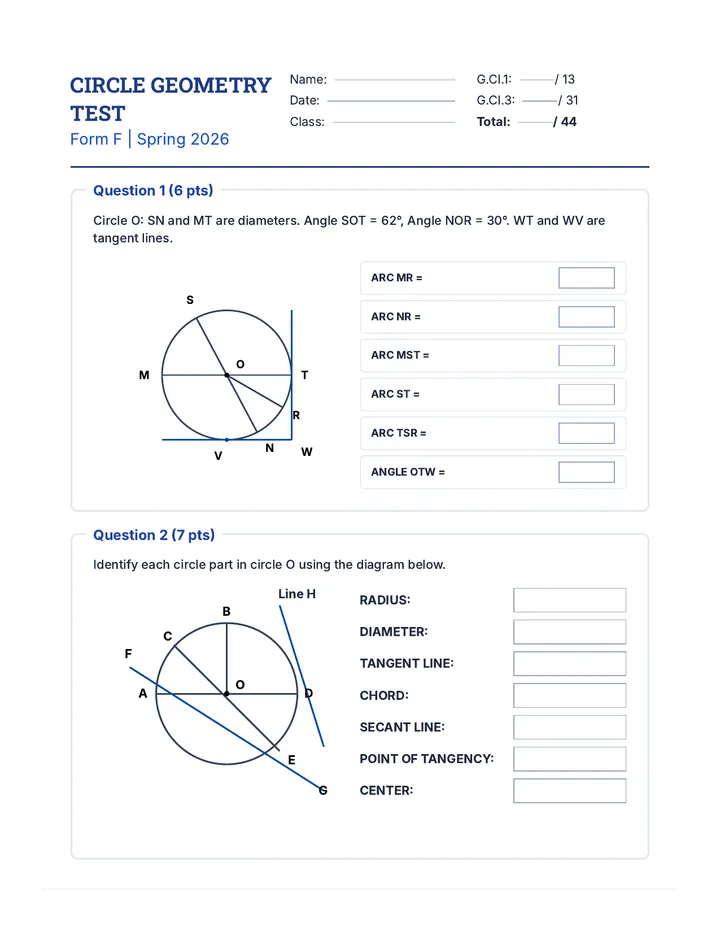 Circle Test Form F Student Work