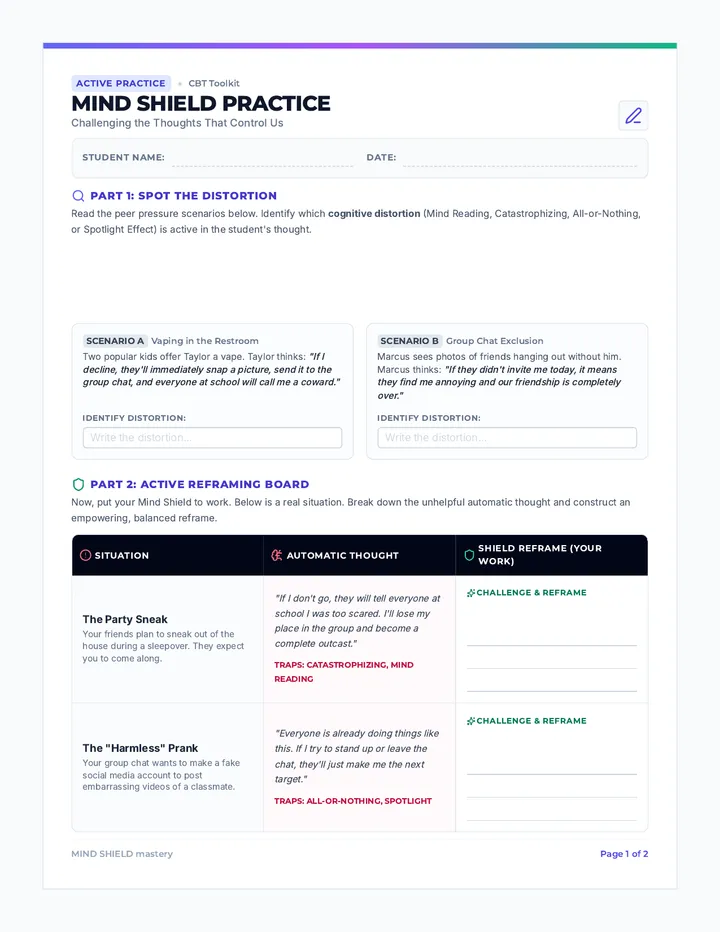 Mind Shield Worksheet