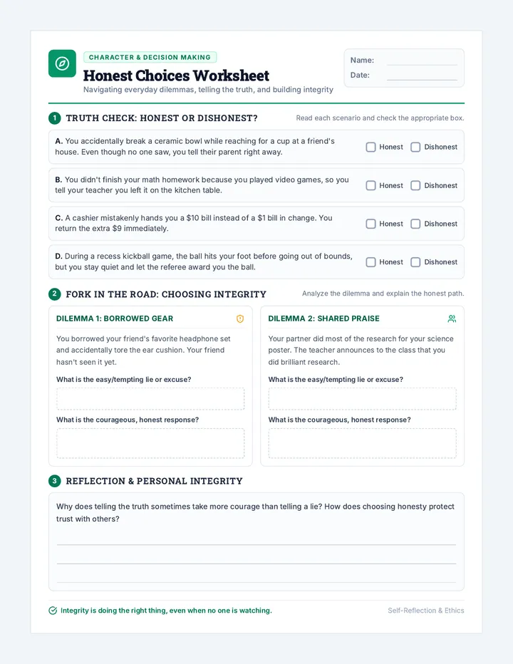 Honest Choices Worksheet