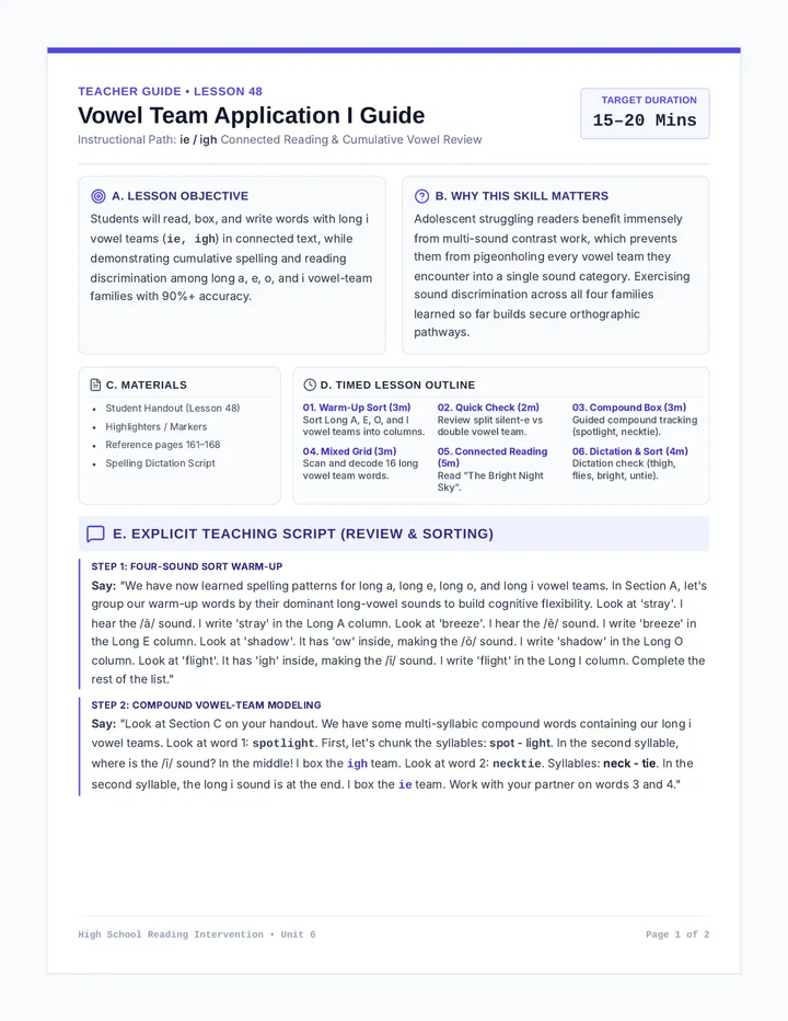 Vowel Team Application I Teacher Guide