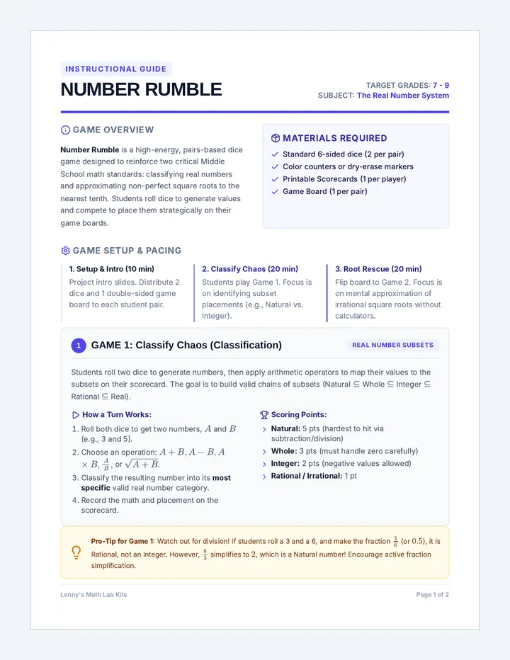 Number Rumble Teacher Guide