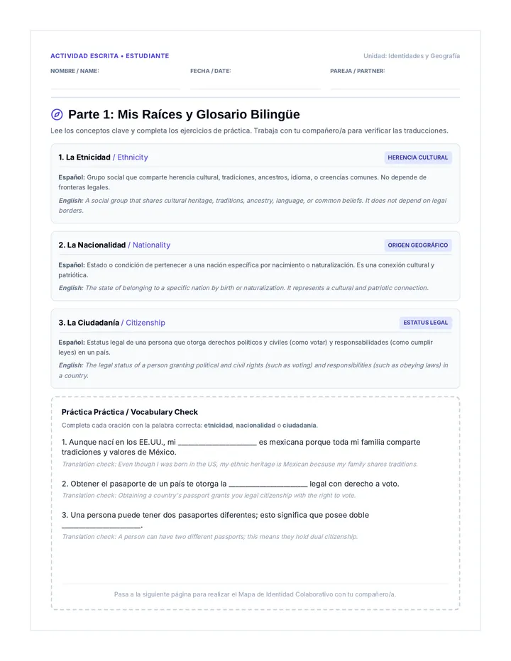 Identidades Worksheet