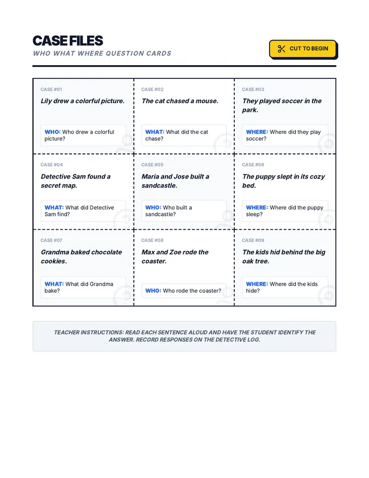 Who What Where Question Cards