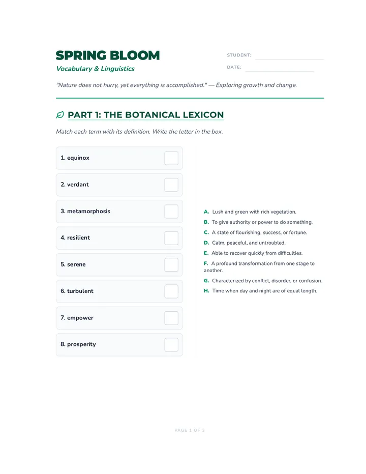 Spring Bloom Vocabulary Activity