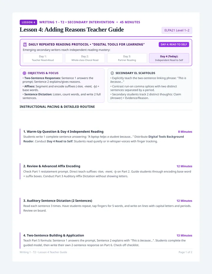 Adding Reasons Teacher Guide