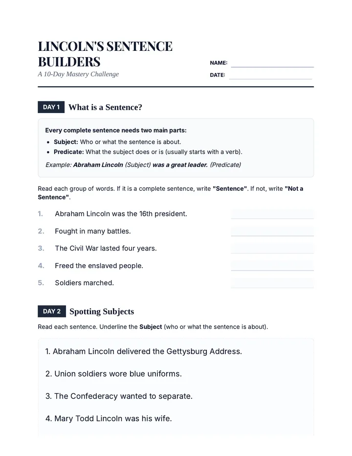 Lincoln Builders Worksheet