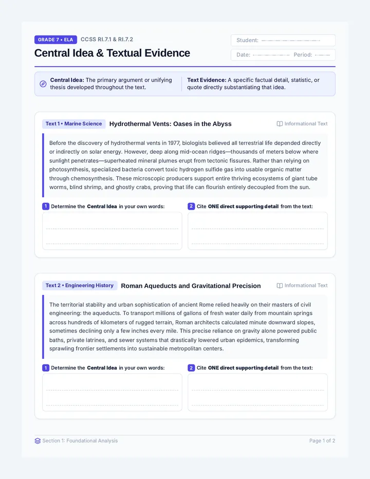 Central Idea Analysis Worksheet