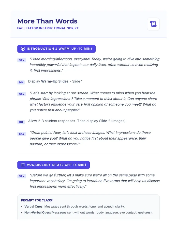 More Than Words Teacher Script
