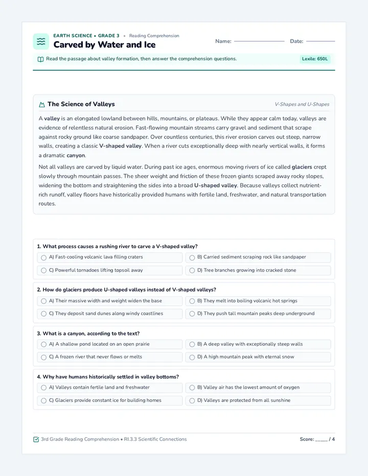 Carved Valleys Reading Worksheet