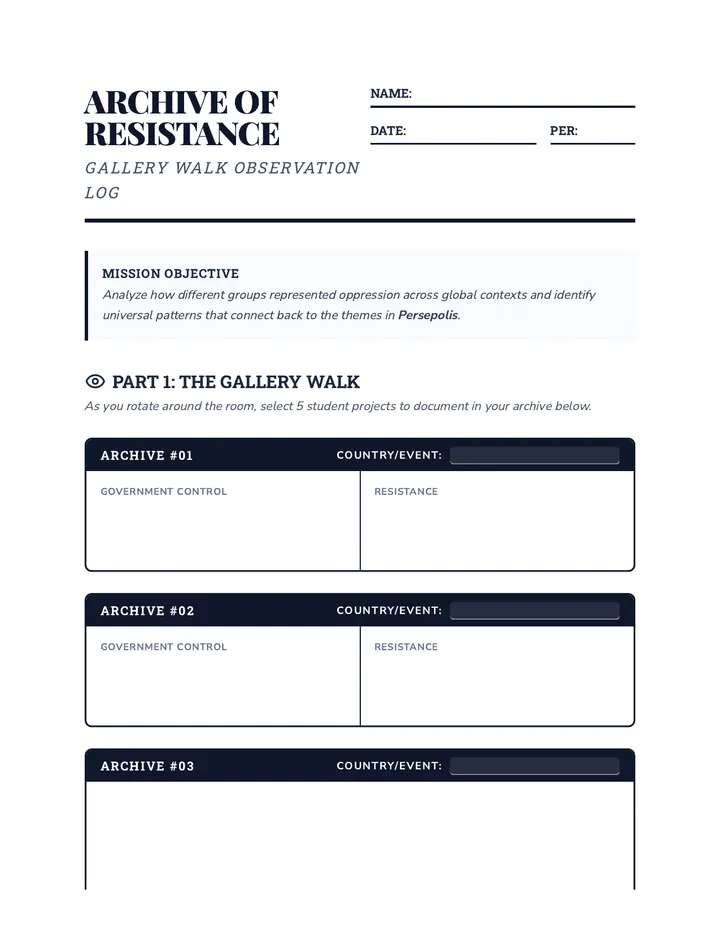 Archive of Resistance Worksheet