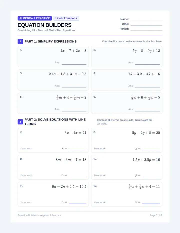 Equation Builders Worksheet