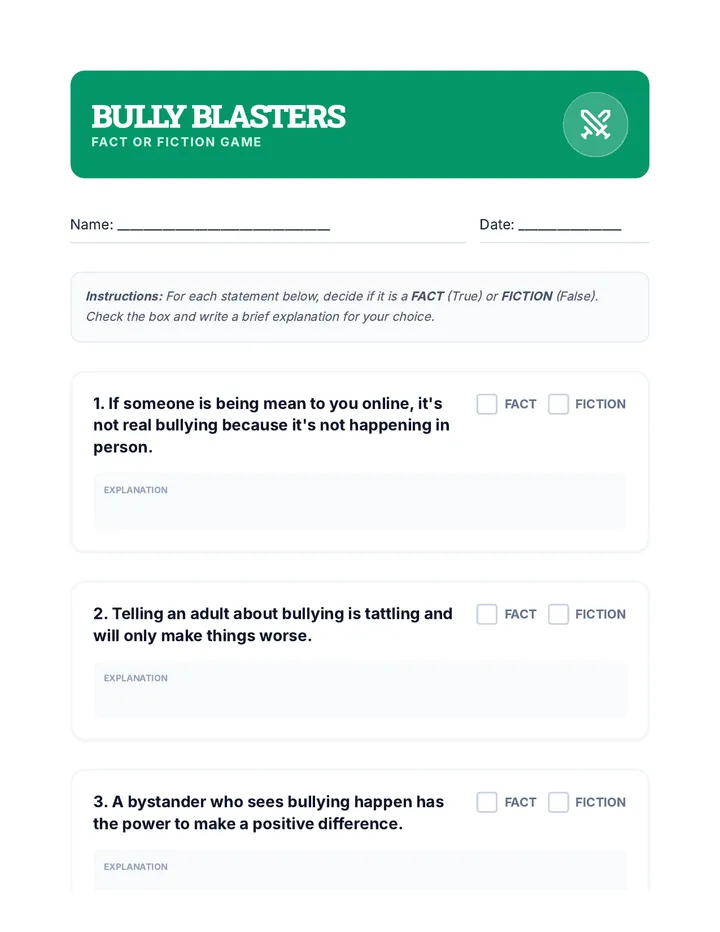 Bully Blasters Game Sheet