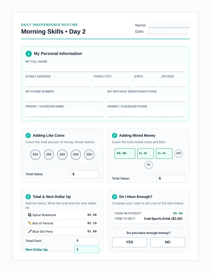 Morning Skills Day 2 Worksheet