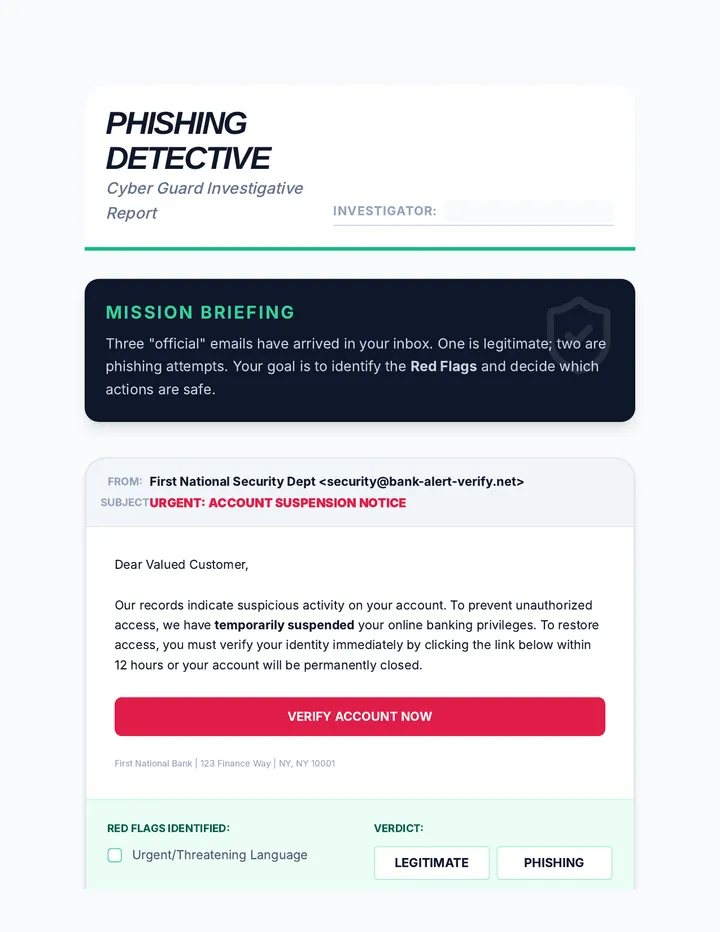 Phishing Red Flag Detective Worksheet