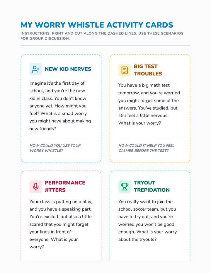Worry Whistle Activity Cards
