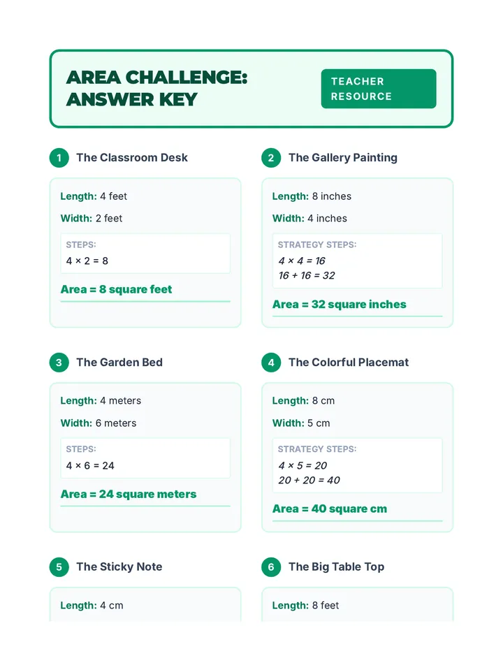 Area Challenge Answer Key