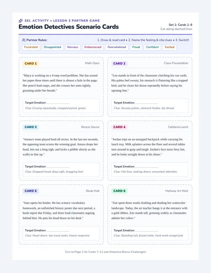 Emotion Detectives Scenario Cards