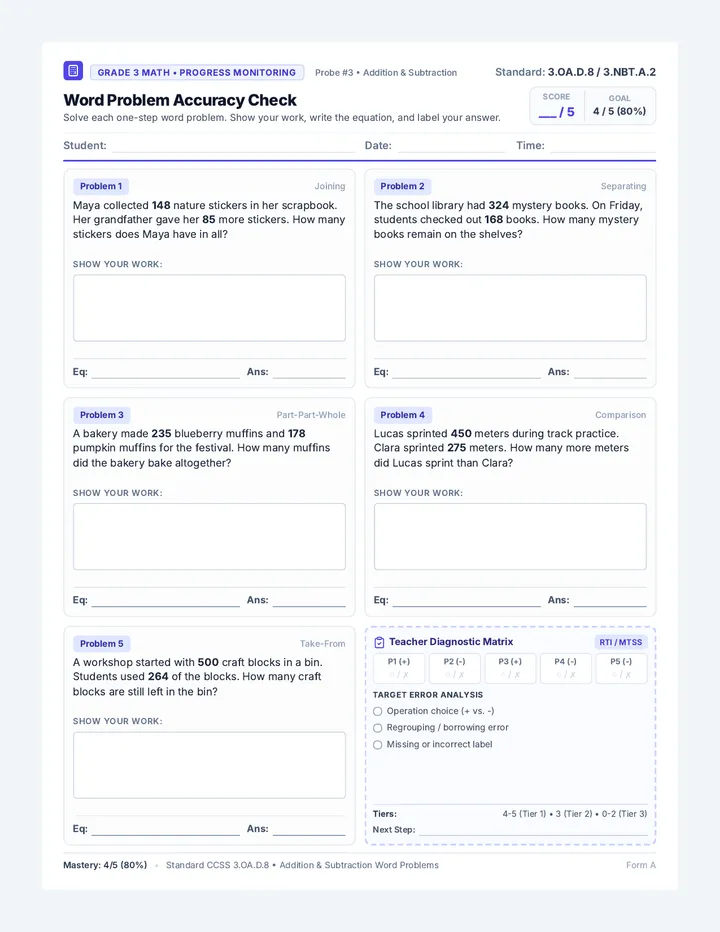 Word Problem Checkup Worksheet