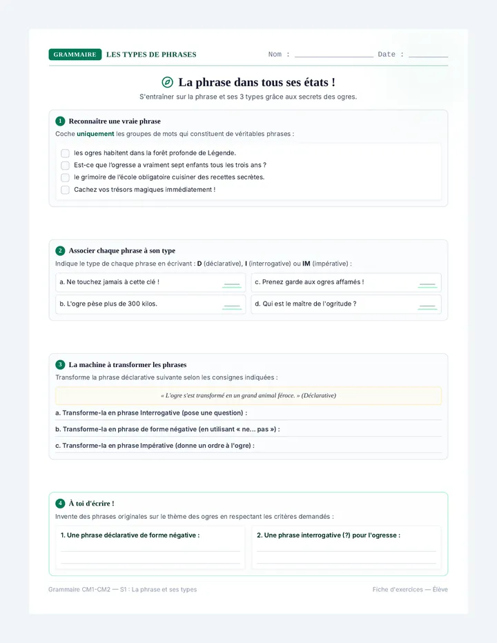 Phrase et Types de Phrases Fiche d Exercices Eleve