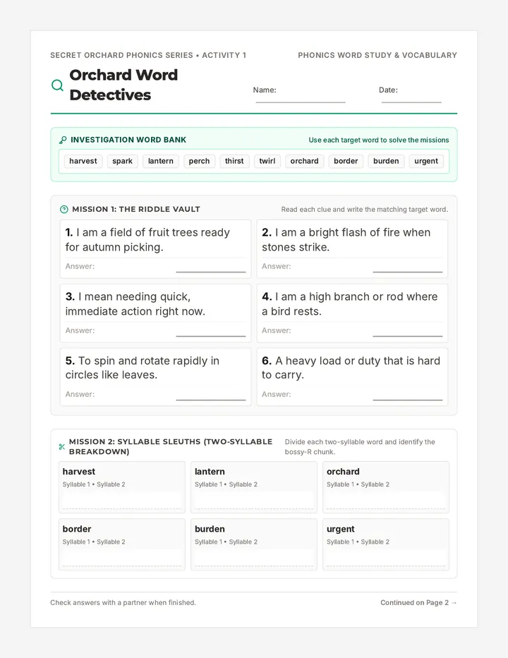 Orchard Word Detectives Activity