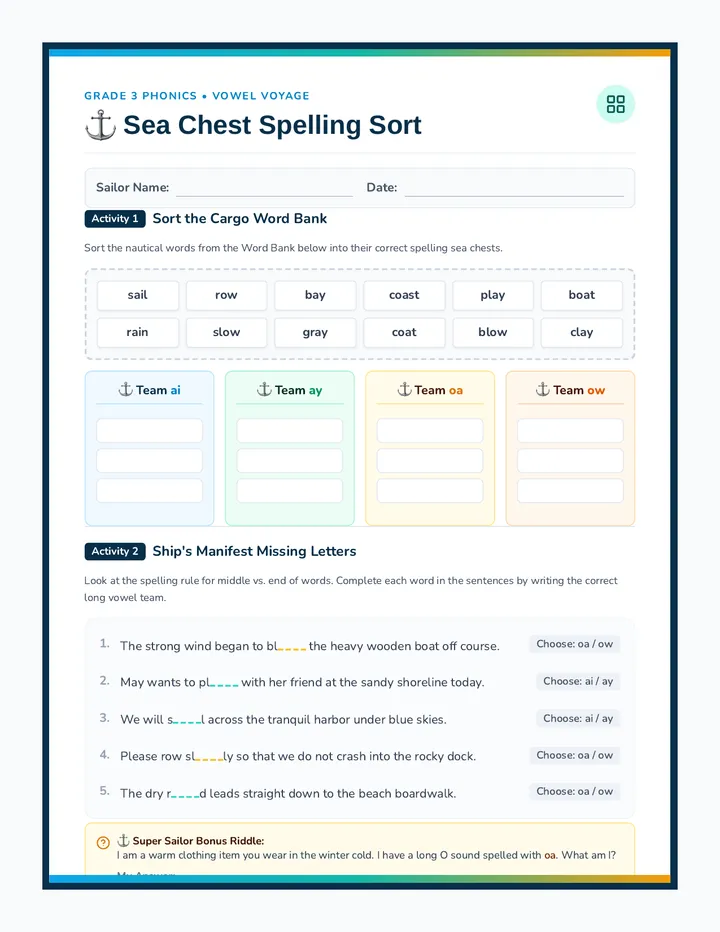 Vowel Voyage Sorting Worksheet