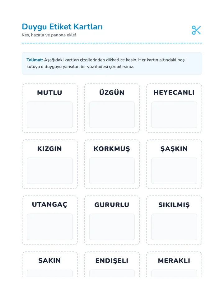 Duygu Etiket Kartları Çalışma Kağıdı