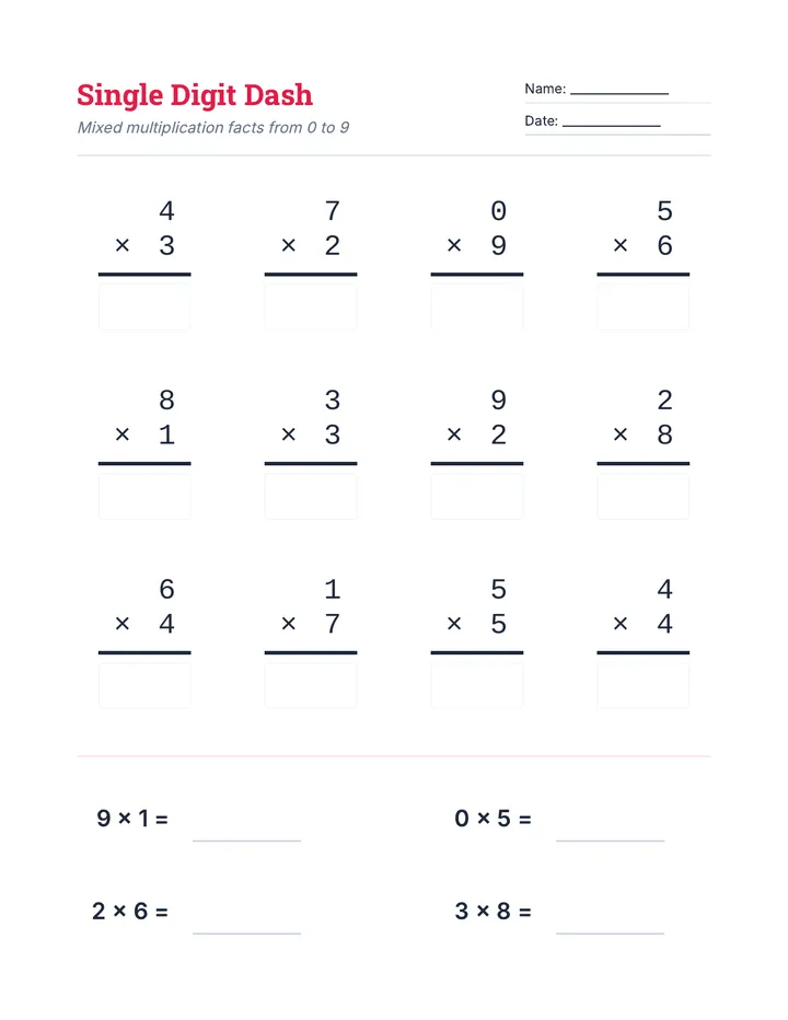 Single Digit Dash Worksheet