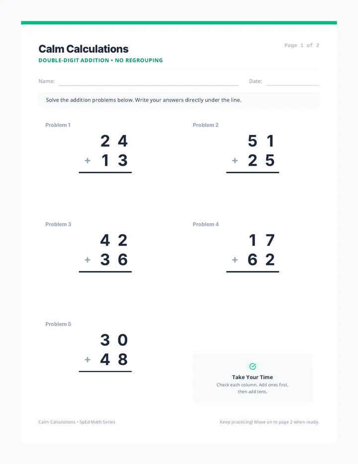 Calm Calculations Worksheet