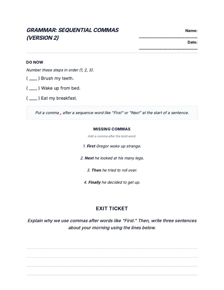 Sequential Commas Worksheet Version 2