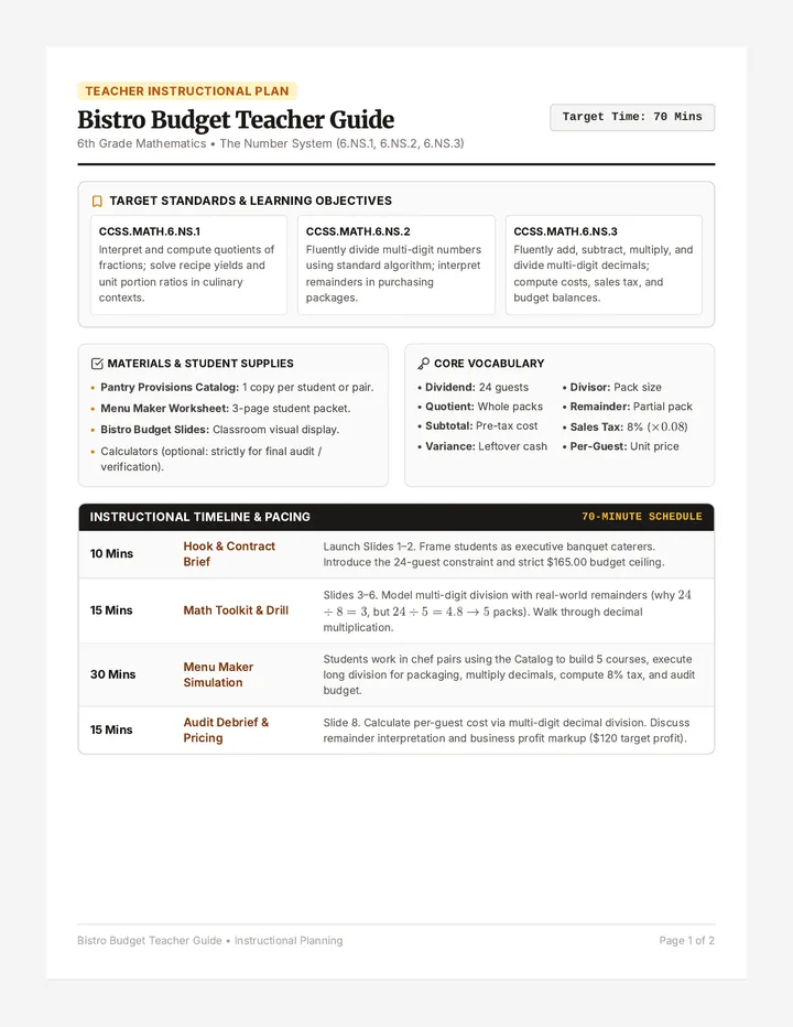 Bistro Budget Teacher Guide