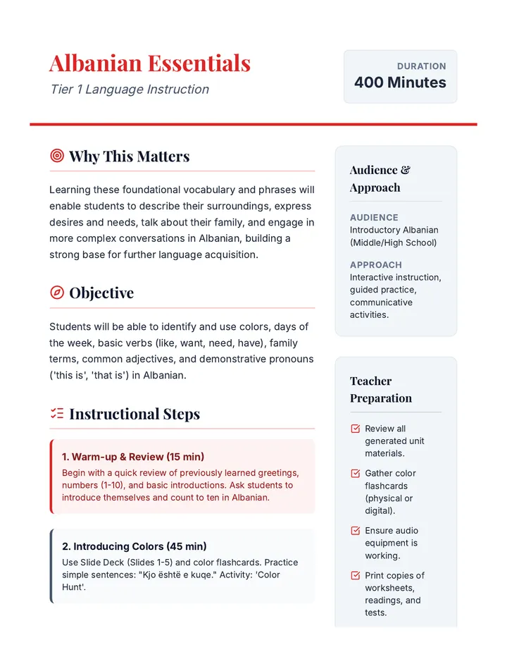 Albanian Essentials Lesson Plan