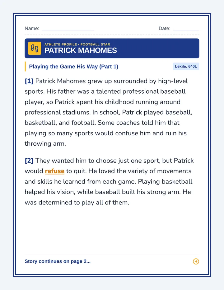 Mahomes Mindset Worksheet