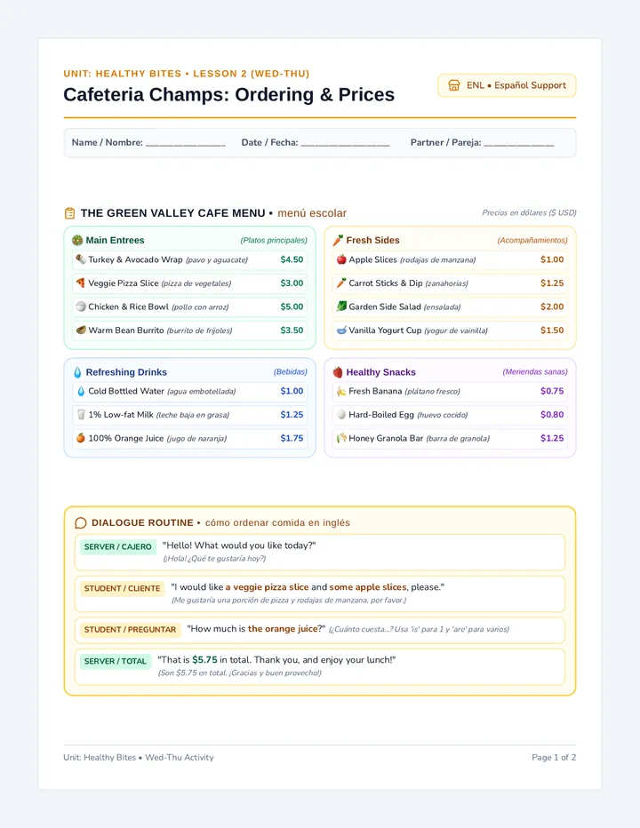 Cafeteria Champs Simulation Packet