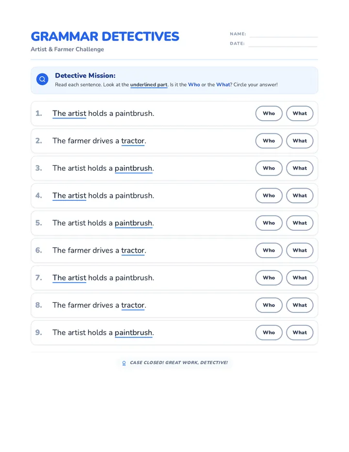Artist and Farmer Worksheet Shuffled