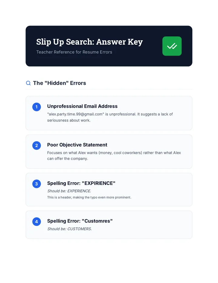 Slip Up Search Answer Key